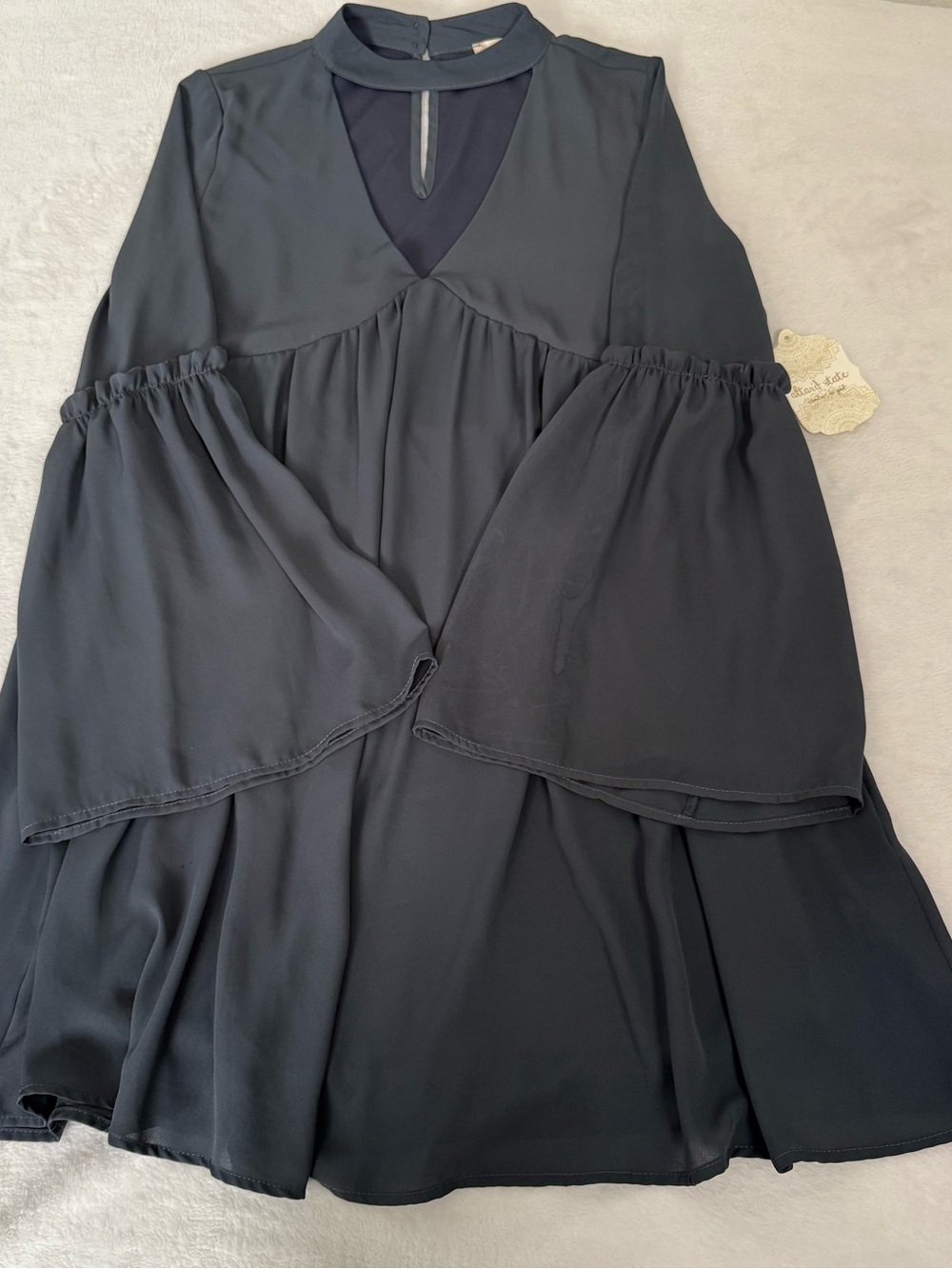 Altar’d State Women’s Small Charcoal Bell Sleeve Babydoll Dress Choker Neck NWT